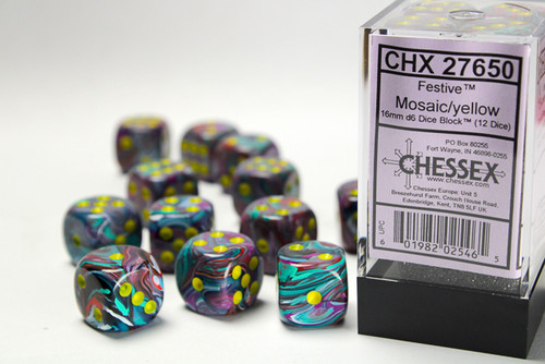 27650 - Festive® 16mm d6 Mosaic/yellow Dice Block™ (12 dice)