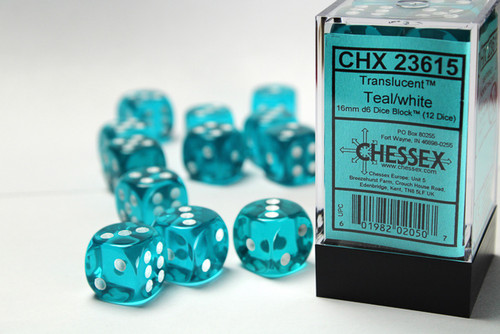 23615 - Translucent 16mm d6 Teal/white Dice Block™ (12 dice)