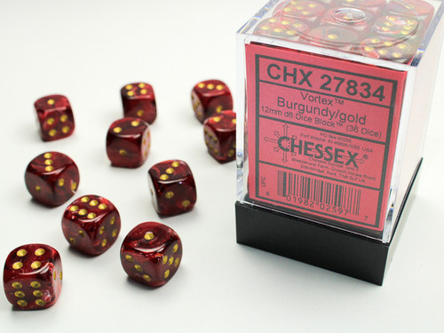 27834 - Vortex® 12mm d6 Burgundy/gold Dice Block™ (36 dice)