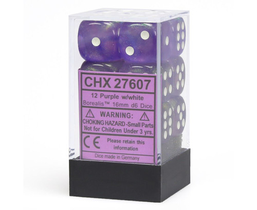 27607 - Borealis® 16mm d6 Purple/white Dice Block™ (12 dice)