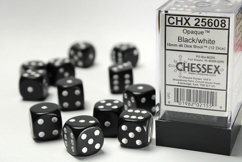 25608 - Opaque 16mm d6 Black/white Dice Block™ (12 dice)