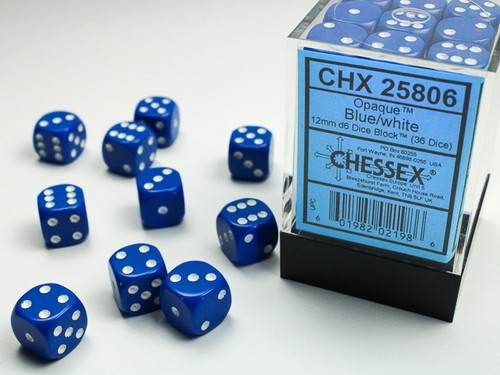 25806 - Opaque 12mm d6 Blue/white Dice Block™ (36 dice)