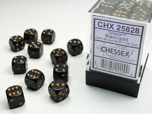 25828 - Opaque 12mm d6 Black/gold Dice Block™ (36 dice)