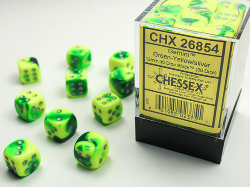 26854 - Gemini® 12mm d6 Green-Yellow/silver Dice Block™ (36 dice)