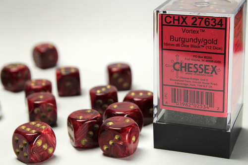 27634 - Vortex® 16mm d6 Burgundy/gold Dice Block™ (12 dice)