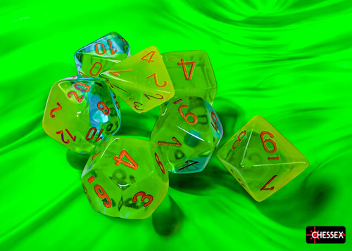 26470 - Gemini Plasma Green-Teal/orange Luminary Polyhedral 7-Dice Set