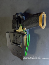 OWB Level 2 retention holster with paddle-style belt attachment, Multicam wrap, Zombie Green accent layer, and Speedlock retention system.
