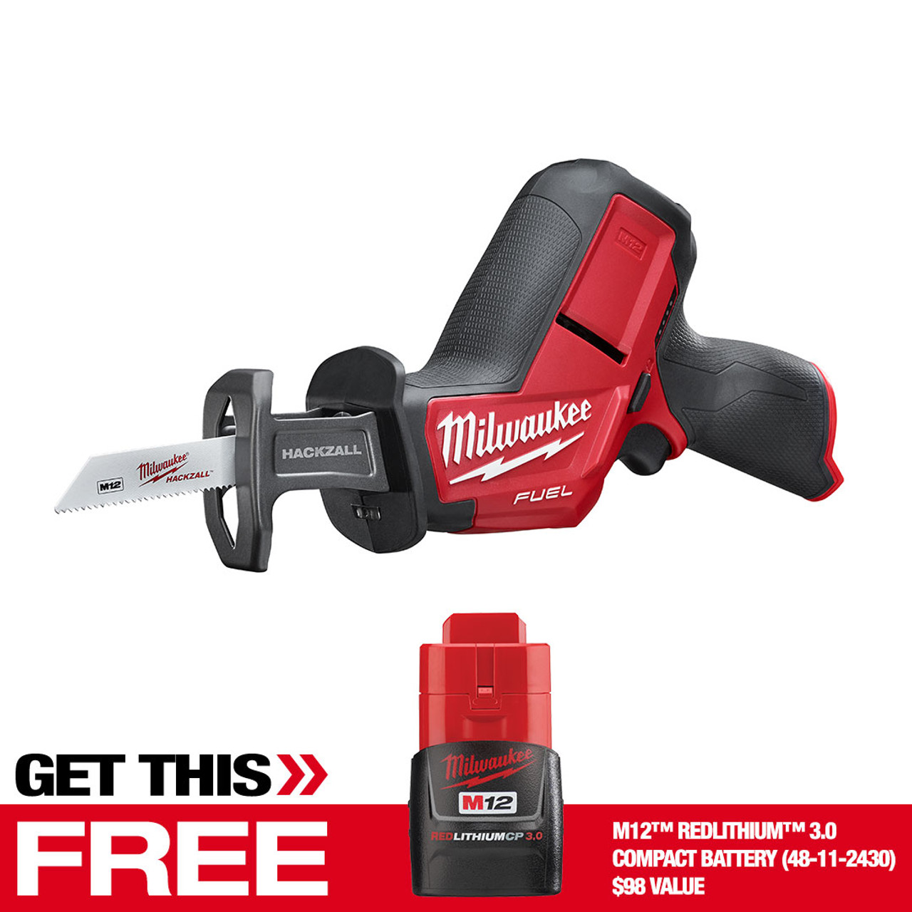 Milwaukee 2520-20 M12 FUEL HACKZALL Recip Saw (Bare Tool) W/ BONUS 12V 3Ah  Battery