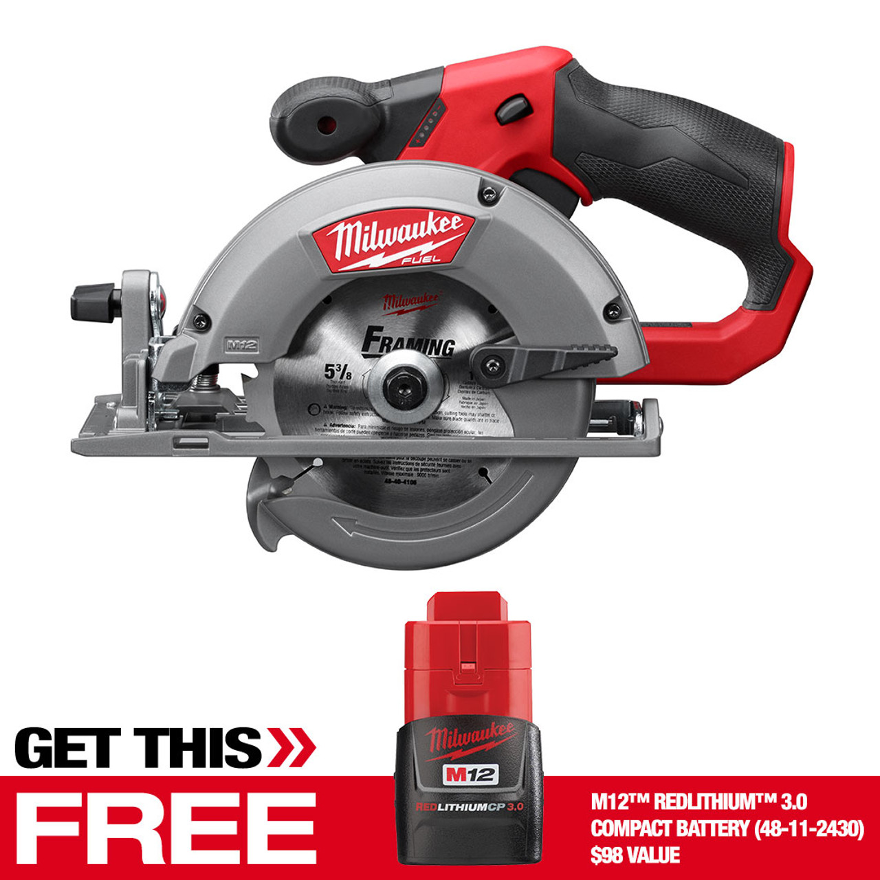 Milwaukee 2530-20 M12 FUEL 5-3/8 In. Circular Saw (Tool Only) W/ BONUS 12V  3Ah Battery