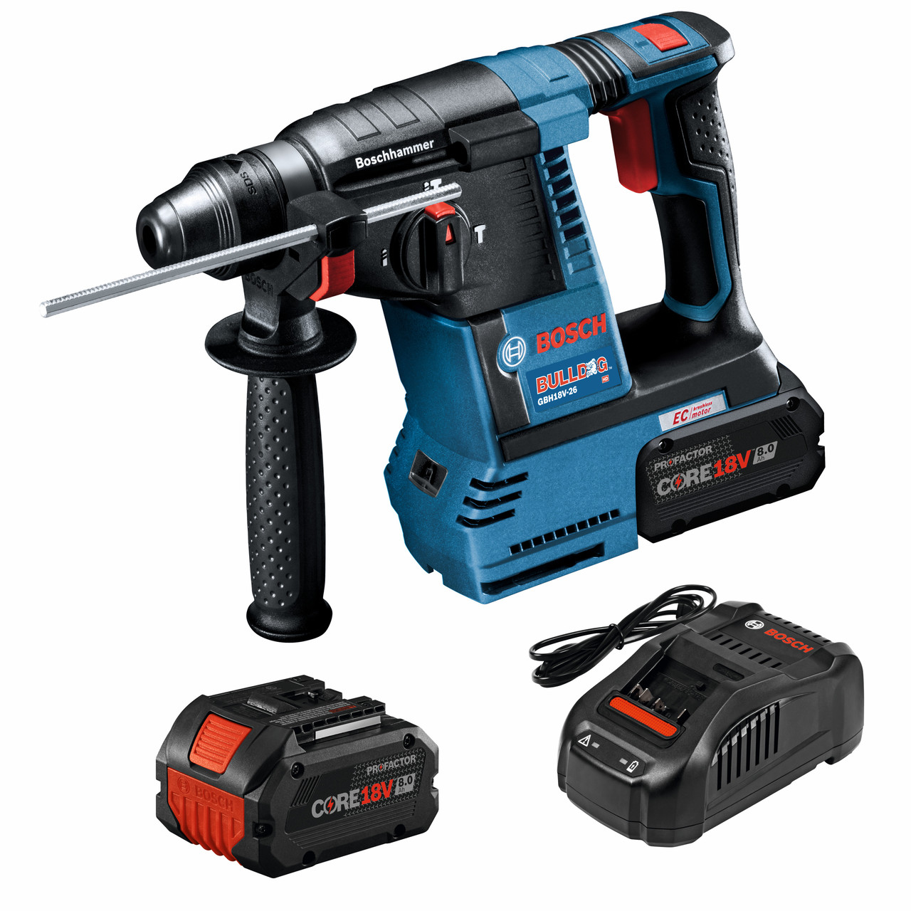 Bosch GBH18V-26K24A 18V Brushless SDS-plus Bulldog 1 In. Rotary Hammer Kit  with (2) CORE18V 8.0 Ah PROFACTOR Performance Batteries