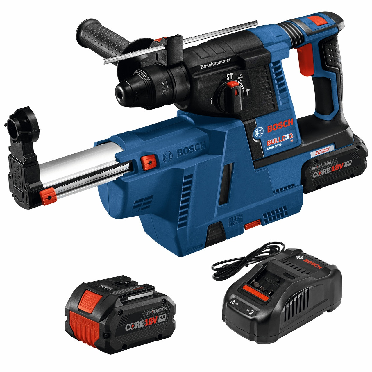 Bosch GBH18V-26K24AGDE 18V Brushless SDS-plus Bulldog 1 In. Rotary Hammer  Kit with Dust-Collection Attachment and (2) CORE18V 8.0 Ah PROFACTOR