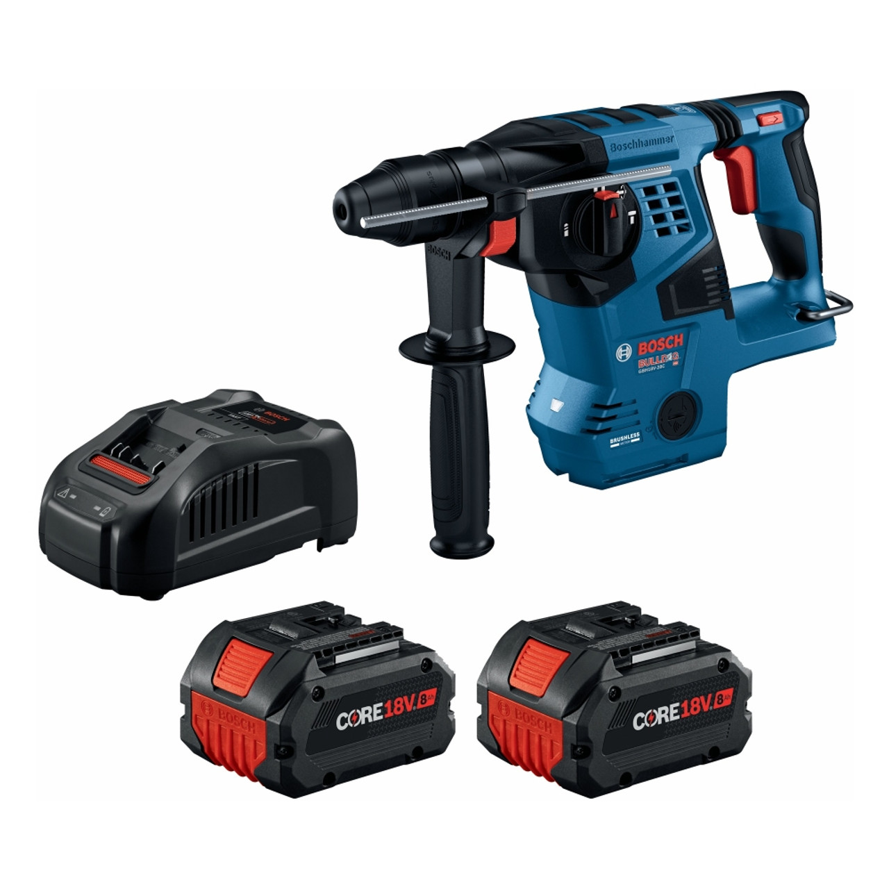 Bosch GBH18V 28CK28 18V Brushless Connected Ready SDS plus Bulldog 1 1 8 In. Rotary Hammer with 2 CORE18V Lithium Ion 8 Ah High Power Batteries