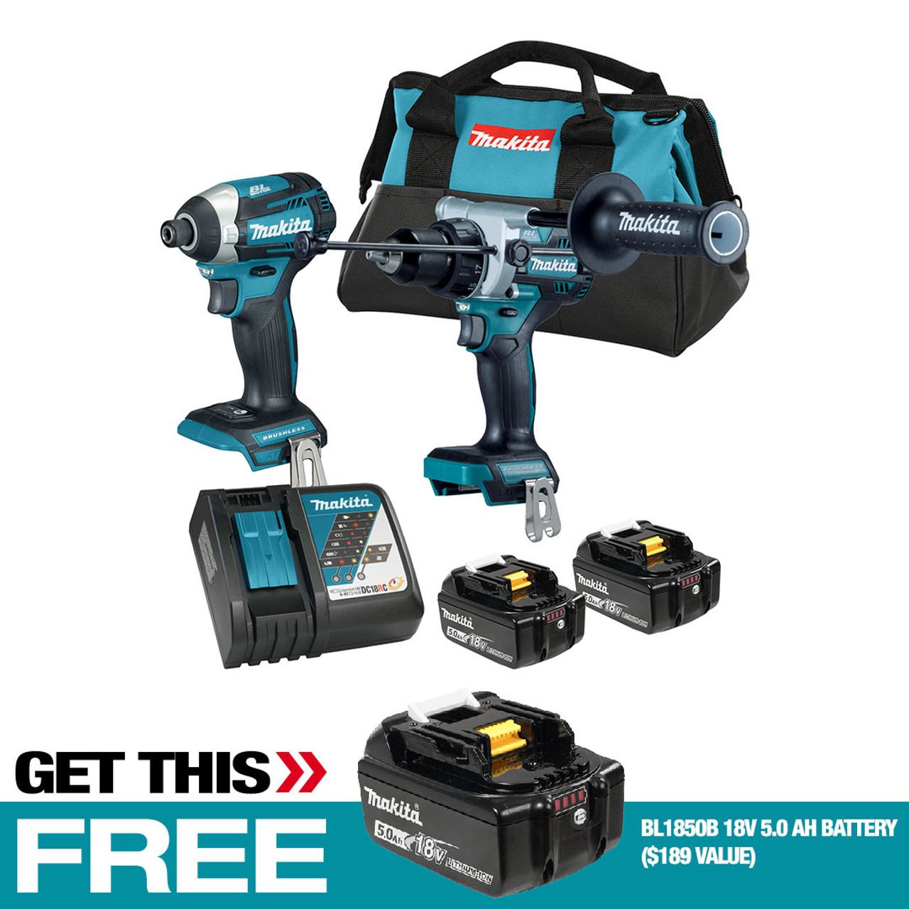 Makita DLX2412TX1 18V LXT BL 2 Tool Combo Kit 5.0Ah w BONUS BL1850B Battery