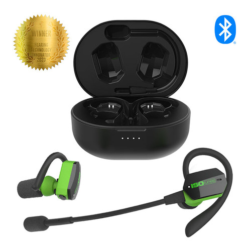 ISOtunes IT-75 ULTRACOMM Aware True Wireless Bluetooth Earbuds - Black/Safety Green Ambient Listening Technology Detachable Boom Mic