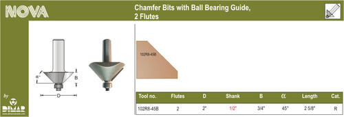 Dimar 102R8-45B 2 In Chamfer Bits With Ball Bearing 2 Flutes 1/2 In Shank 2 5/8 In Length