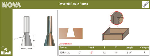 Dimar 104R8-12L 1/2 In Dovetail Bit 2 Flutes LH 1/2 In Shank 2 1/4 In Length