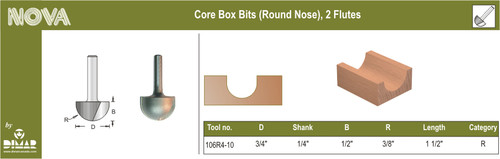 Dimar 106R4-10 3/4 In Core Box Bit 2 Flutes 1/4 In Shank 1 1/2 In Length
