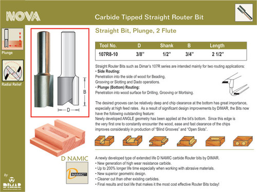 Dimar 107R8-10 3/8 In Straight Bit 2 Flute 1/2 In Shank 2 1/2 In Length