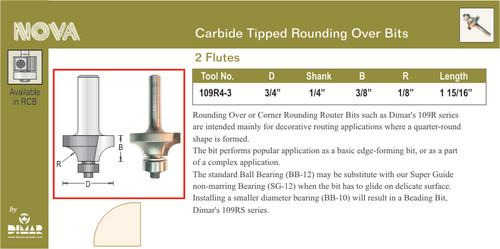 Dimar 109R4-3 3/4 In Rounding Over Bit With 1/2 In Ball Bearing 2 Flutes 1/4 In Shank 1 15/16 In Length