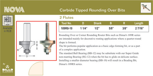 Dimar 109R8-10 1 1/4 In Rounding Over Bit With 1/2 In Ball Bearing 2 Flutes 1/2 In Shank 2 7/16 In Length