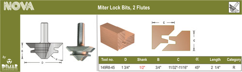 Dimar 149R8-45 1 3/4 In 45 Degree Lock Miter Joint Bits 2 Flutes 1/2 In Shank 2 1/4 In Length