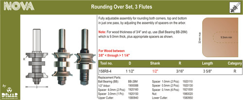 Dimar 158R8-4 1 1/2 In Rounding Over Bit 3 Flutes 1/2 In Shank 3 5/8 In Length