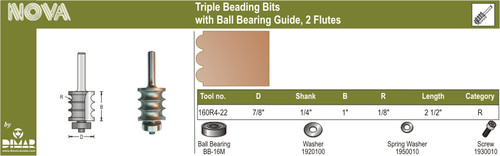 Dimar 160R4-22 7/8 In Teethriple Beading Bit With Ball Bearing 2 Flutes 1/4 In Shank 2 1/2 In Length