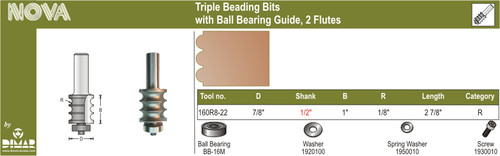 Dimar 160R8-22 7/8 In Teethriple Beading Bit With Ball Bearing 2 Flutes 1/2 In Shank 2 7/8 In Length