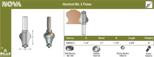 Dimar 166R8-31 1 1/4 In Handrail Bit With Ball Bearing 2 Flutes 1/2 In Shank 3 3/8 In Length
