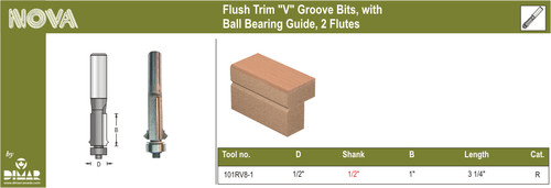 Dimar 101RV8-1 1/2 In Flush Trim V Groove Bit 2 Flutes 1/2 In Shank 3 1/4 In Length