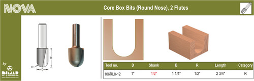 Dimar 106RL8-12 1 In Core Box Bit 2 Flutes 1/2 In Shank 2 3/4 In Length