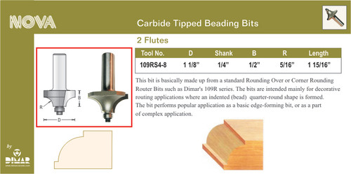 Dimar 109RS4-8 1 1/8 In Beading Bit With 3/8 In Ball Bearing 2 Flutes 1/4 In Shank 1 15/16 In Length