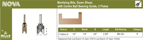 Dimar 111RC4-12 1/2 In Down Shear Mortising Bit With Ball Bearing 2 Flute 1/4 In Shank 2 3/8 In Length
