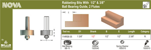 Dimar 114RS8-35 1 3/8 In Rabbeting Bit With 3/8 InBall Bearing 2 Flutes 1/2 In Shank 2 3/8 In Length