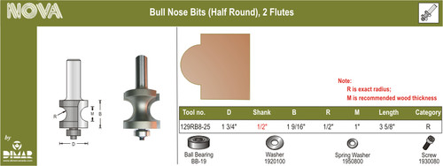 Dimar 129RB8-25 1 3/4 In Bull Nose Bit With Ball Bearing 2 Flute 1/2 In Shank 3 5/8 In Length