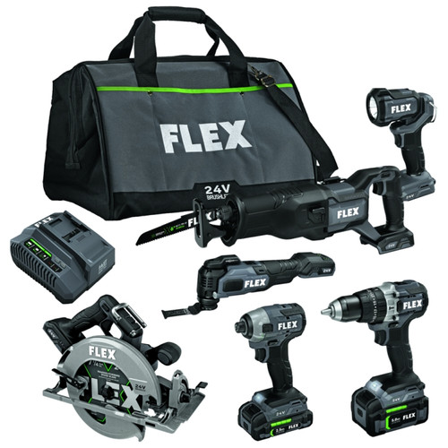 Flex FXM601-2B Hammer Drill, Impact Driver, 7-1/4" Circular Saw, Oscillating Multi-Tool, Reciprocating Saw And Work Light