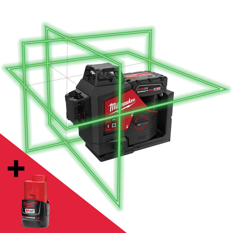 Milwaukee 3632 21 M12 Green 360 Degree 3 Plane Laser Kit W BONUS 12V 3Ah Battery