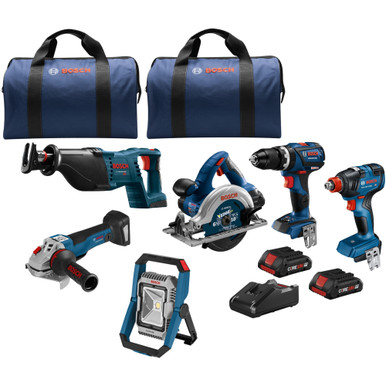 Bosch GXL18V 601B25 18V 6 Tool Combo Kit With Two In One Bit Socket Impact Driver 1 2 In. Hammer Drill Driver Reciprocating Saw Circular Saw 4 1 2