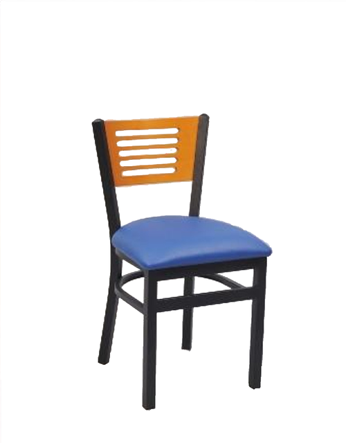 Seats and Stools' Slot Back Chair lets you be the designer. Choose your back, frame and seat for a one-of-a-kind look. Pictured with blue upholstered seat, natural wood finish back, in chair height.