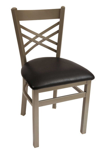 Cross Hatch Metal Chair shown with anodized nickel frame finish and seat upholstered in black vinyl.
