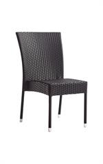 This outdoor side chair is modern and comfortable. Features include a sturdy aluminum frame, supportive back, and poly-woven exterior in silver color. For home, restaurant or bar outdoor use. 
