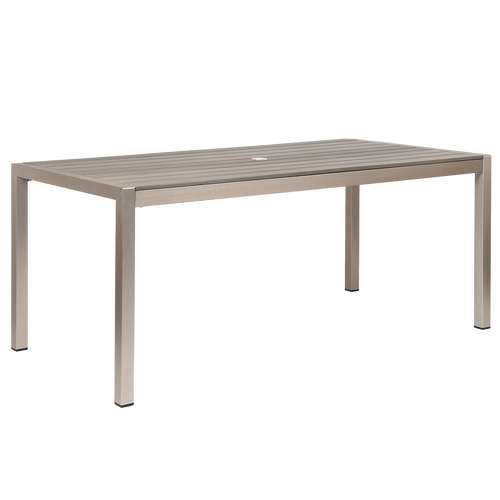 LaSalle outdoor aluminum table with umbrella hole and imitation teak slats for home, restaurant, or bar.