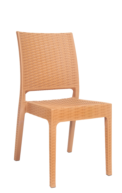 Outdoor wicker-look resin chair (no arms) in camel color for your home, restaurant or bar seating area.

