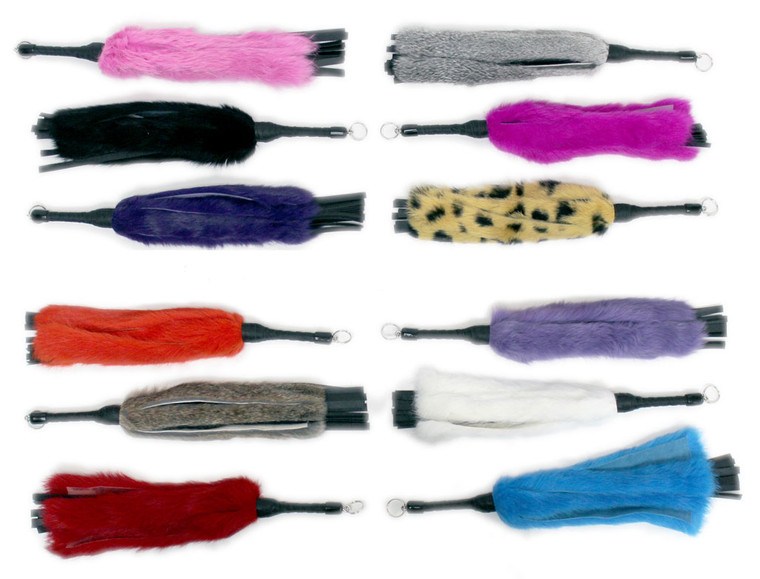 24" Rabbit Fur & Black Leather Flogger, Choice of 13 Fur Colors!