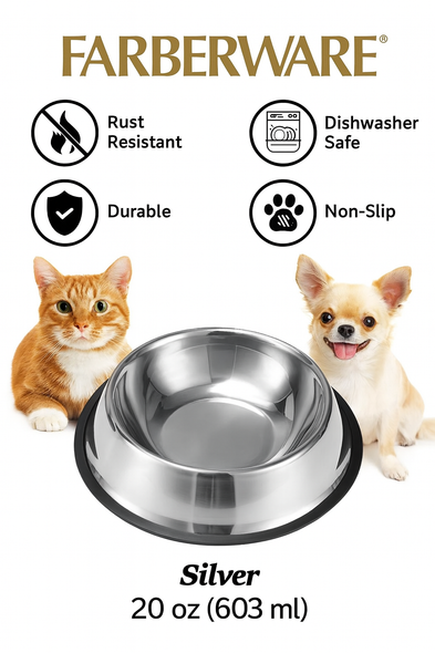 SILVER STAINLESS STEEL PET BOWL - 20 OZ (603 ML)