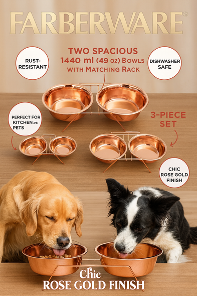 3 PCS SET: ROSE GOLD STAINLESS STEEL 2 BOWLS WITH RACK - 1440ML / 49 OZ