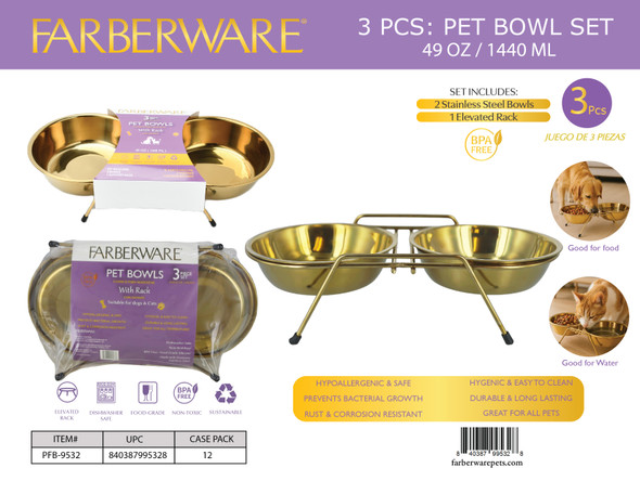 3 PCS SET: 2 GOLD BOWLS WITH RACK 1440 ML / 49 OZ