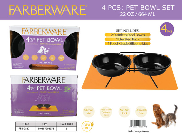 4 PCS SET - 2 STAINLESS STEEL BOWLS, 1 RACK & SILICONE MAT (BLACK WITH ORANGE MAT) 664 ML / 22 OZ