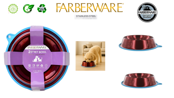 RED STAINLESS STEEL SLANT BOWLS - 2PC SET 2 BOWLS SILICONE NON SLIP WITH CARRY HOLE 900 ML / 30 OZ