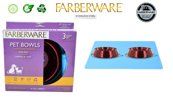 RED STAINLESS STEEL SLANT BOWL - 3PC SET 2 BOWLS 1 MAT WITH NON SLIP SILICONE WITH CARRY HOLE  900 ML / 30 OZ